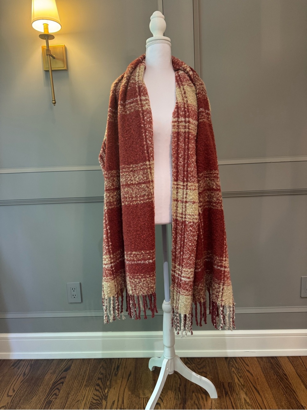 NWT Free People Plaid Fringe Scarf/Throw Rust and Cream
